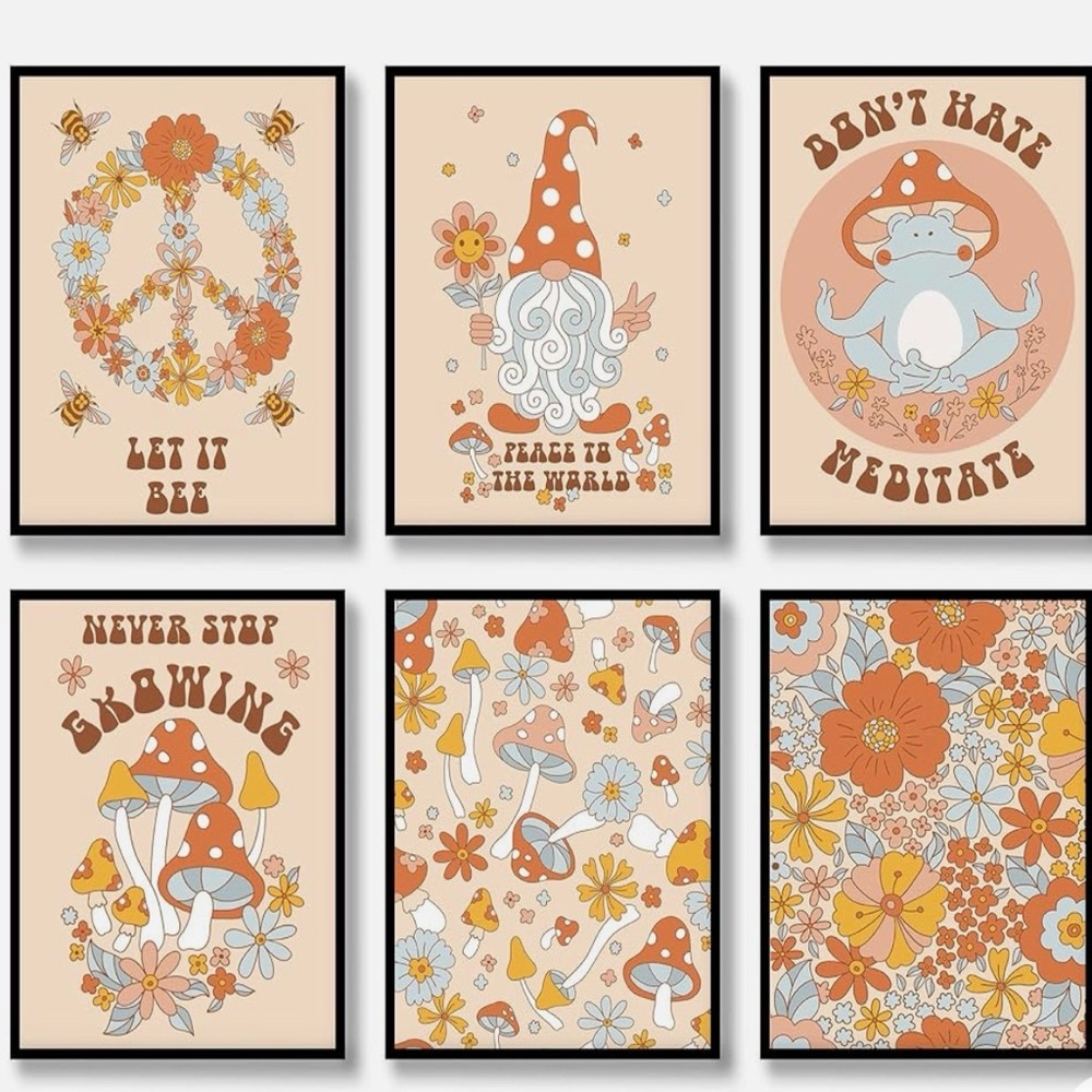 6 PC Retro Boho Hippie Canvas Wall Art Set Groovy Mushroom & Gnome Prints
